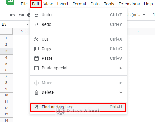 navigating to find and replace in from the edit tab