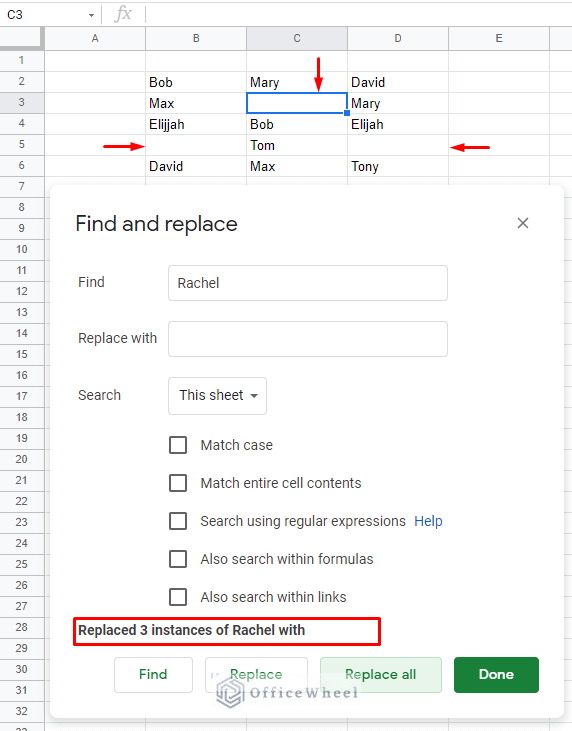 replaced values with blank to find and delete in google sheets