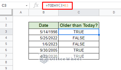 finding if date is before today in google sheets