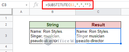 using substitute function to remove punctuation in google sheets