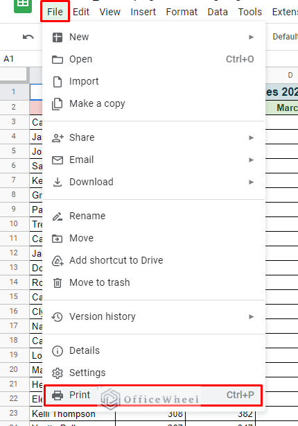 the print option under the file tab