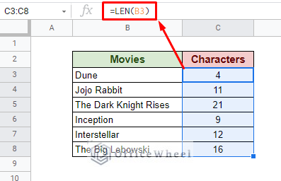 using len function for character count in google sheets