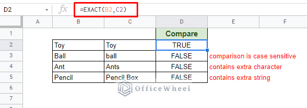 using exact function to compare text in google sheets