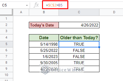 find if date is before today in google sheets with static date