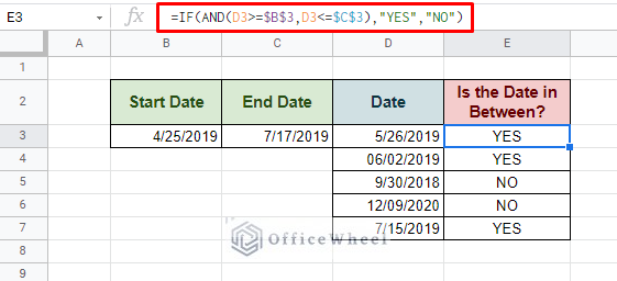 find if multiple dates are between dates in google sheets