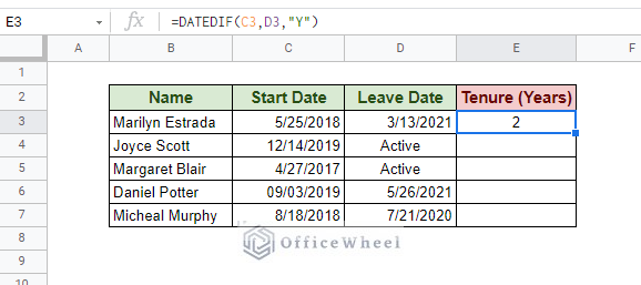 practical dataset to calculate tenure in google sheets