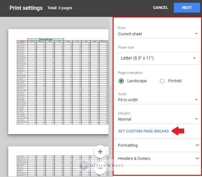 the print settings window