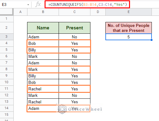 count unique values with criteria in google sheets using the countuniqueifs function