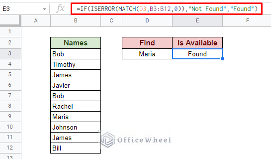 using match function to find value in range in google sheets