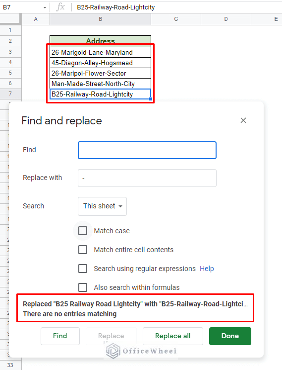 replace space with dash in google sheets using find and replace