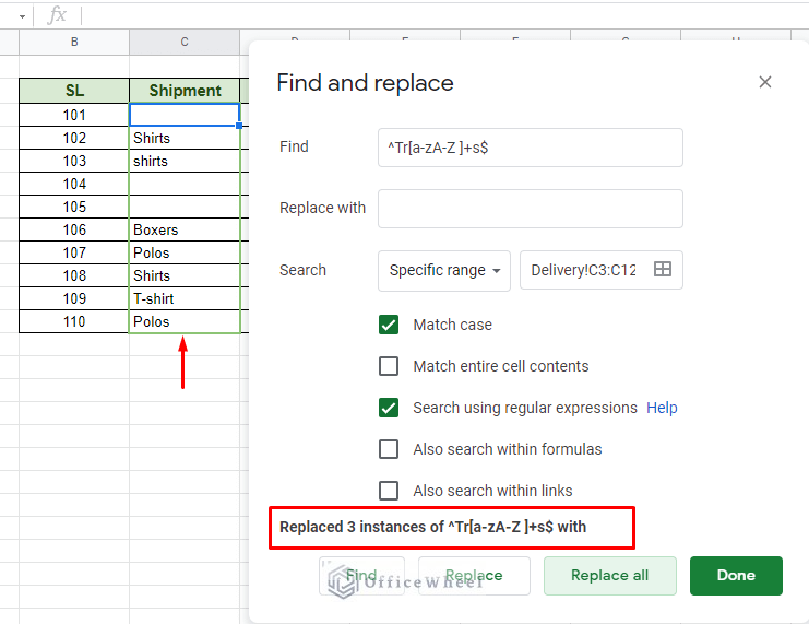 find and delete specific values in google sheets using regular expressions