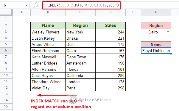 using index match to find cell with specific value in google sheets without limitations