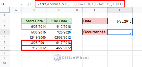 counting occurrences of dates in between dates in google sheets