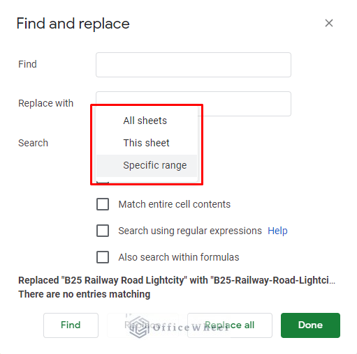 choosing the find and replace range