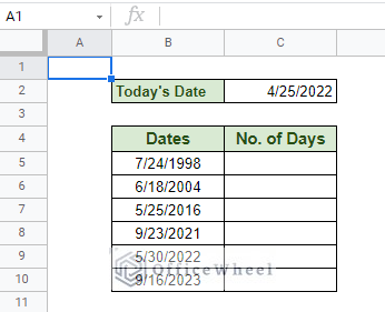 a dataset of dates to calculate from today date in google sheets