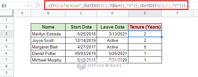 how to dynamically calculate tenure in google sheets using if and dated if functions