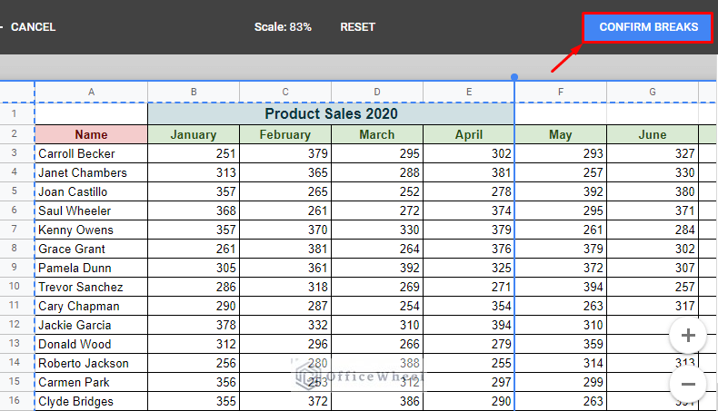 click confirm breaks button to apply page break in google sheets