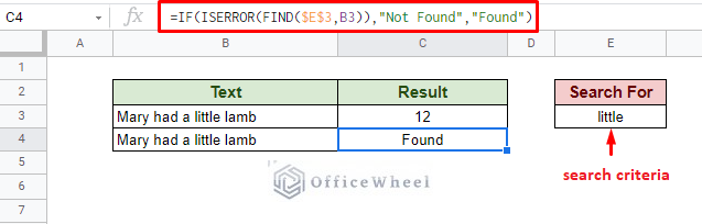 returning a meaningful output with the find function in google sheets