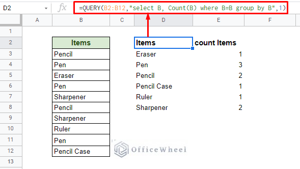 using query to count unique entries in google sheets
