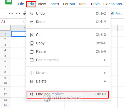 navigating to find and replace option from the edit tab