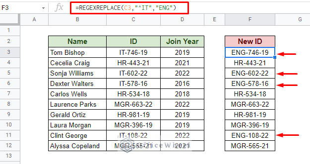 using regexreplace function to find and replace partial text in google sheets