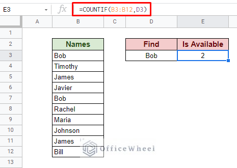 using countif to find occurrences of value in a range in google sheets