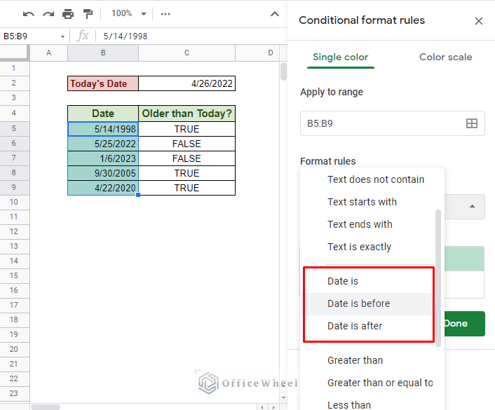 the date conditional format options