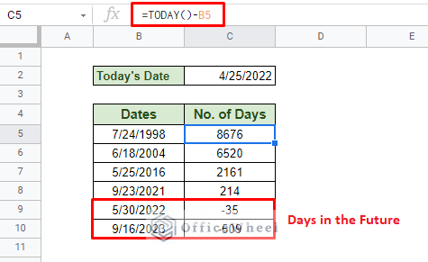 calculating the number of cays from a date to today date in google sheets