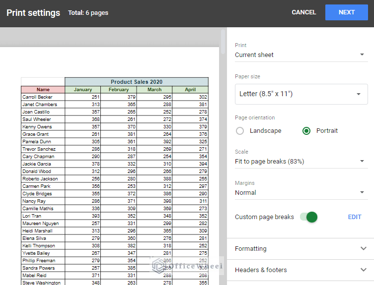 preview after inserting page break in google sheets