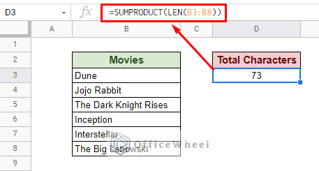 character count over a range in google sheets using a combination of sumproduct and len