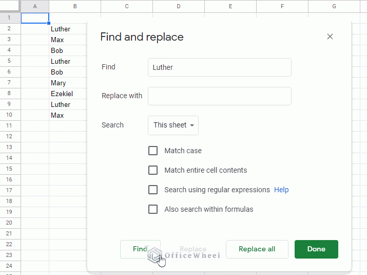 find all cells with specific value in google sheets using find and replace