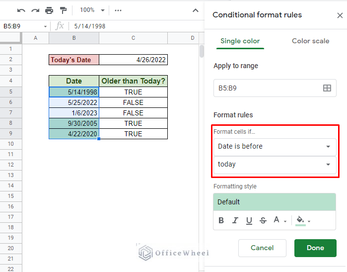 highlighting if date is before today in google sheets with conditional formatting