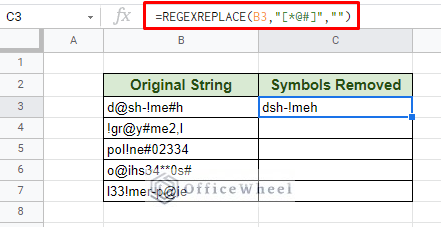 using regexreplace function to remove multiple special characters in google sheets at once