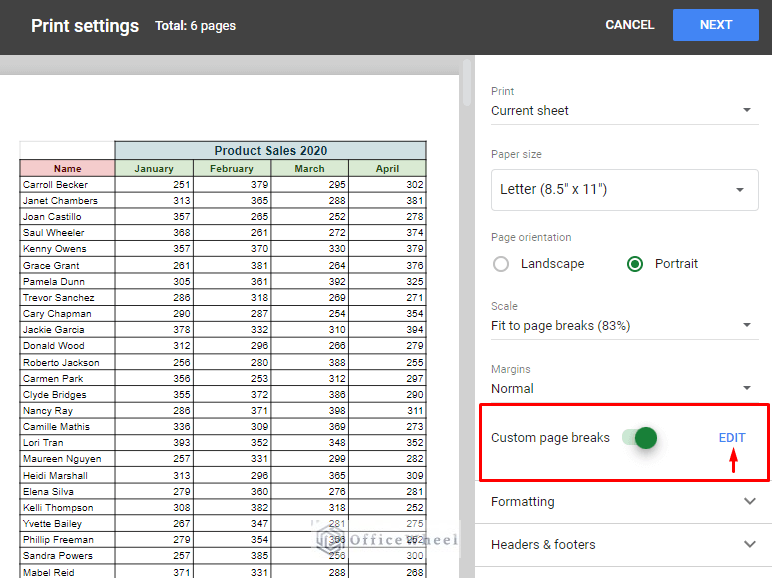 click edit to edit page breaks from print settings