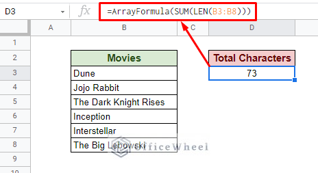 alternative character count over range using sum and arrayformula