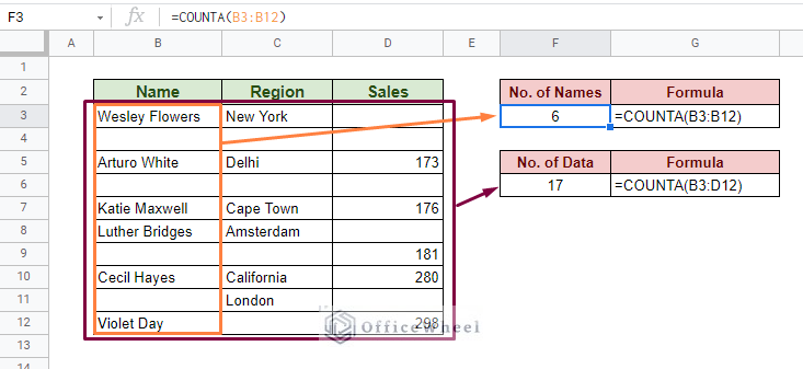 count all cells with values in google sheets