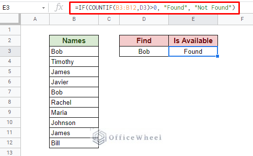 using countif to find value in range in google sheets