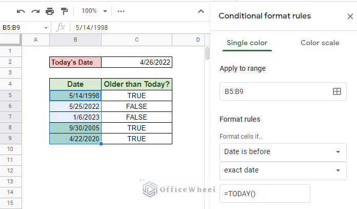 alternative way to highlight date if before today in google sheets with conditional formatting