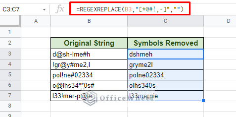 removing all special characters from the cell using regexreplace