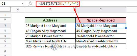 using substitute function to replace space with dash in google sheets