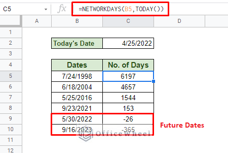 calculating the number of working days from today date in google sheets