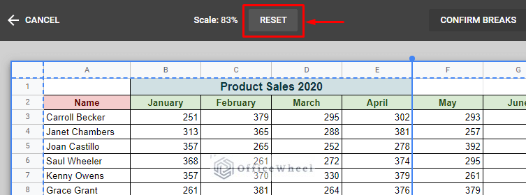 click reset to restore page breaks to default in google sheets