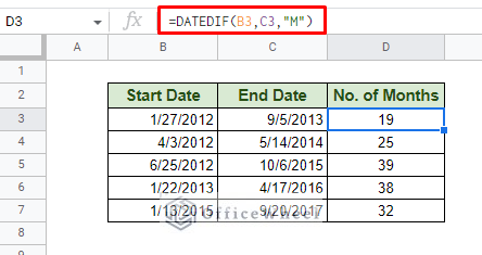 calculate difference between dates in terms of months in google sheets