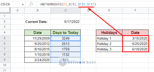 adding a list o holidays in the networkdays function