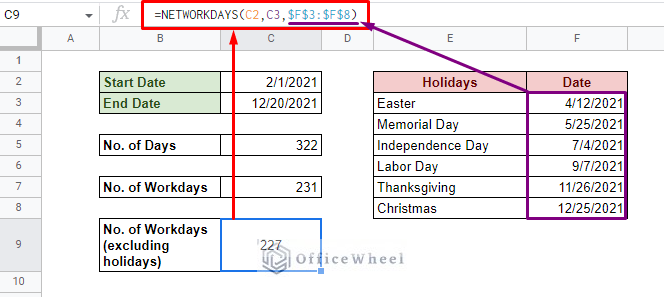 excluding holidays from the day calculation