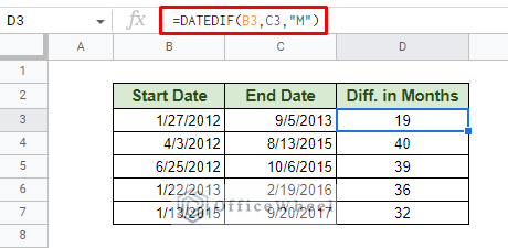 finding the difference in months between dates in google sheets using the datedif function