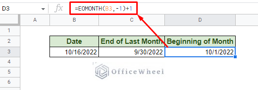 finding the beginning of the month in google sheets using eomonth