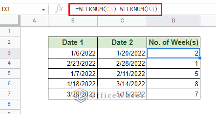 finding the number of weeks between two dates in google sheets
