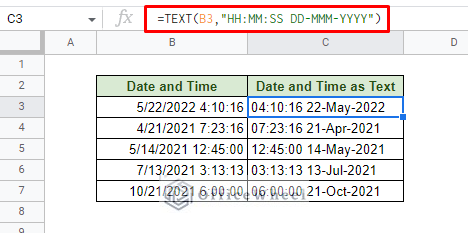 convert date and time to string in google sheets using the text function