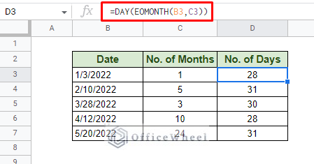 calculating the days in a month after the start date in google sheets